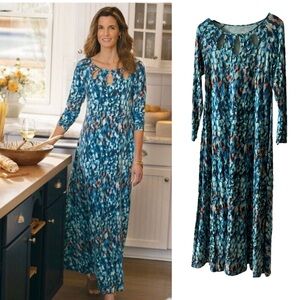 Soft Surroundings Maxi Dress Blue Abstract Print  Brooke Keyhole Neck size Small